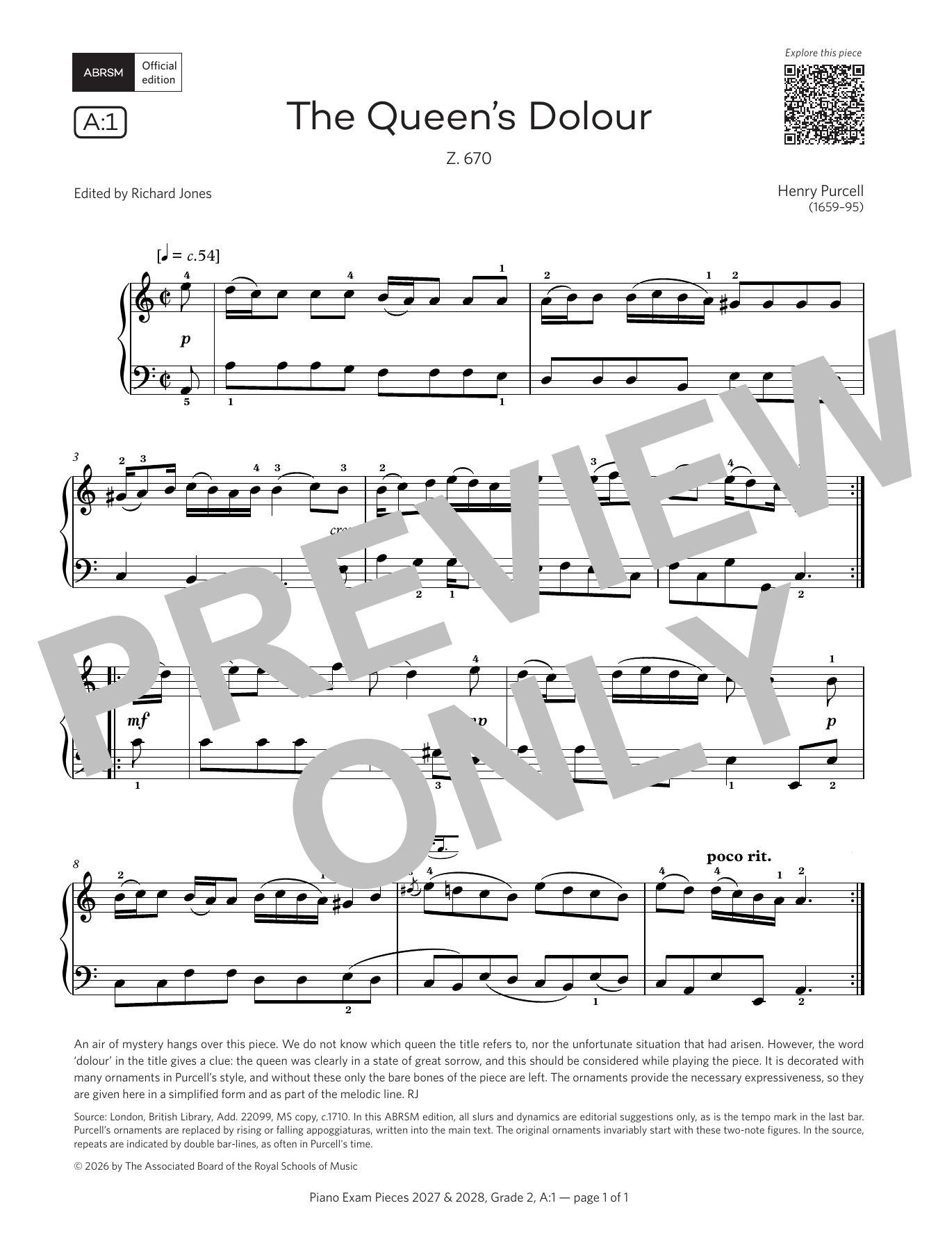 Product gallery: Page 1 of 1 The Queen's Dolour, (Grade 2, list A1, from the ABRSM Piano Syllabus 2027 & 2028), Henry Purcell