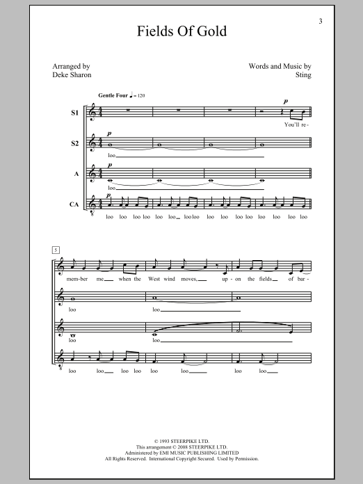 Product gallery: Page 1 of 1 Fields Of Gold (arr. Deke Sharon), Sting