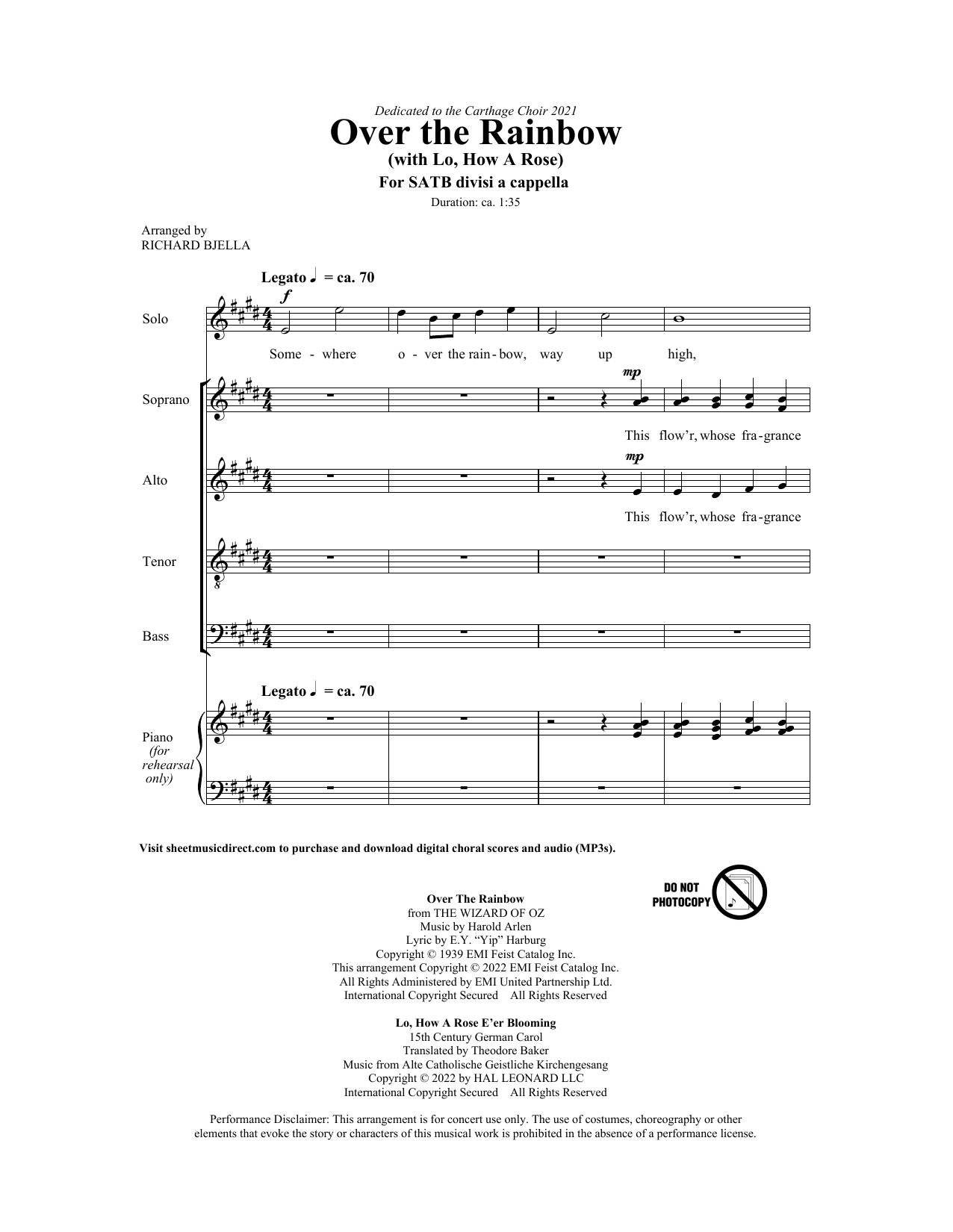 Product gallery: Page 1 of 1 Over The Rainbow (with Lo How a Rose) (arr. Richard Bjella), Harold Arlen and Michael Praetorius