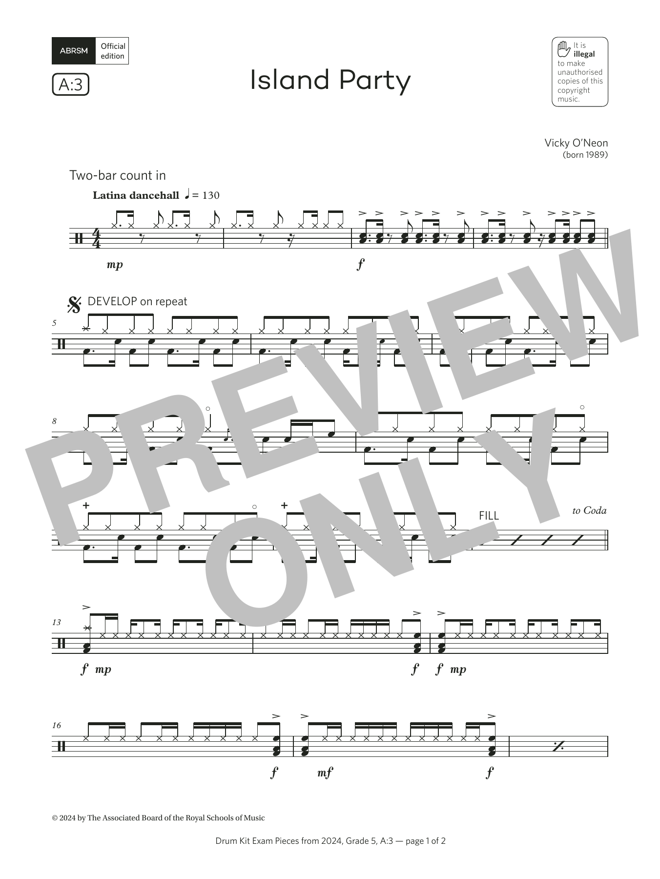 Product gallery: Page 1 of 1 Island Party (Grade 5, list A3, from the ABRSM Drum Kit Syllabus 2024), Vicky O'Neon