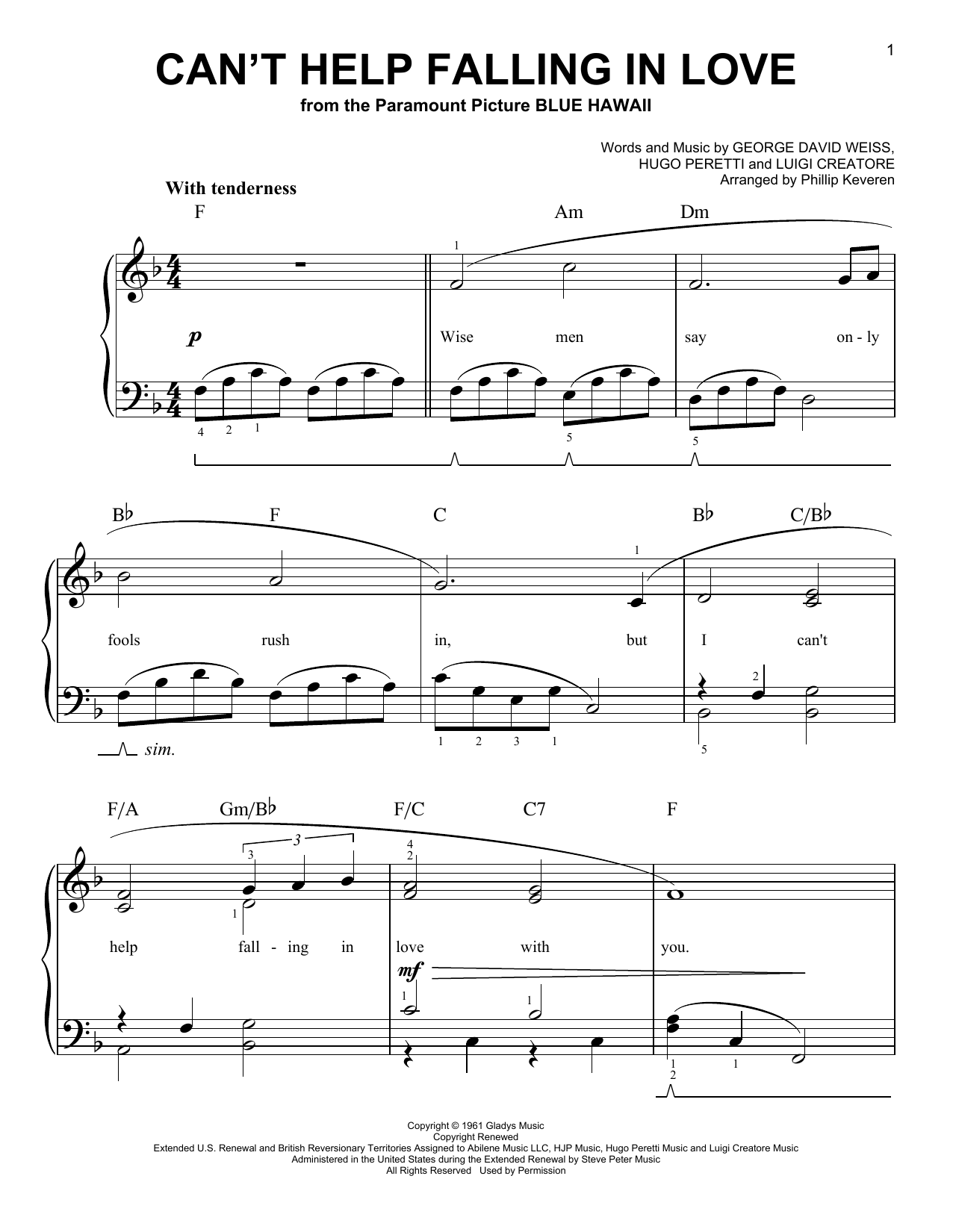 Produktgalerie: Seite 1 von 1 Can't Help Falling In Love (arr. Phillip Keveren), George David Weiss, Klavier