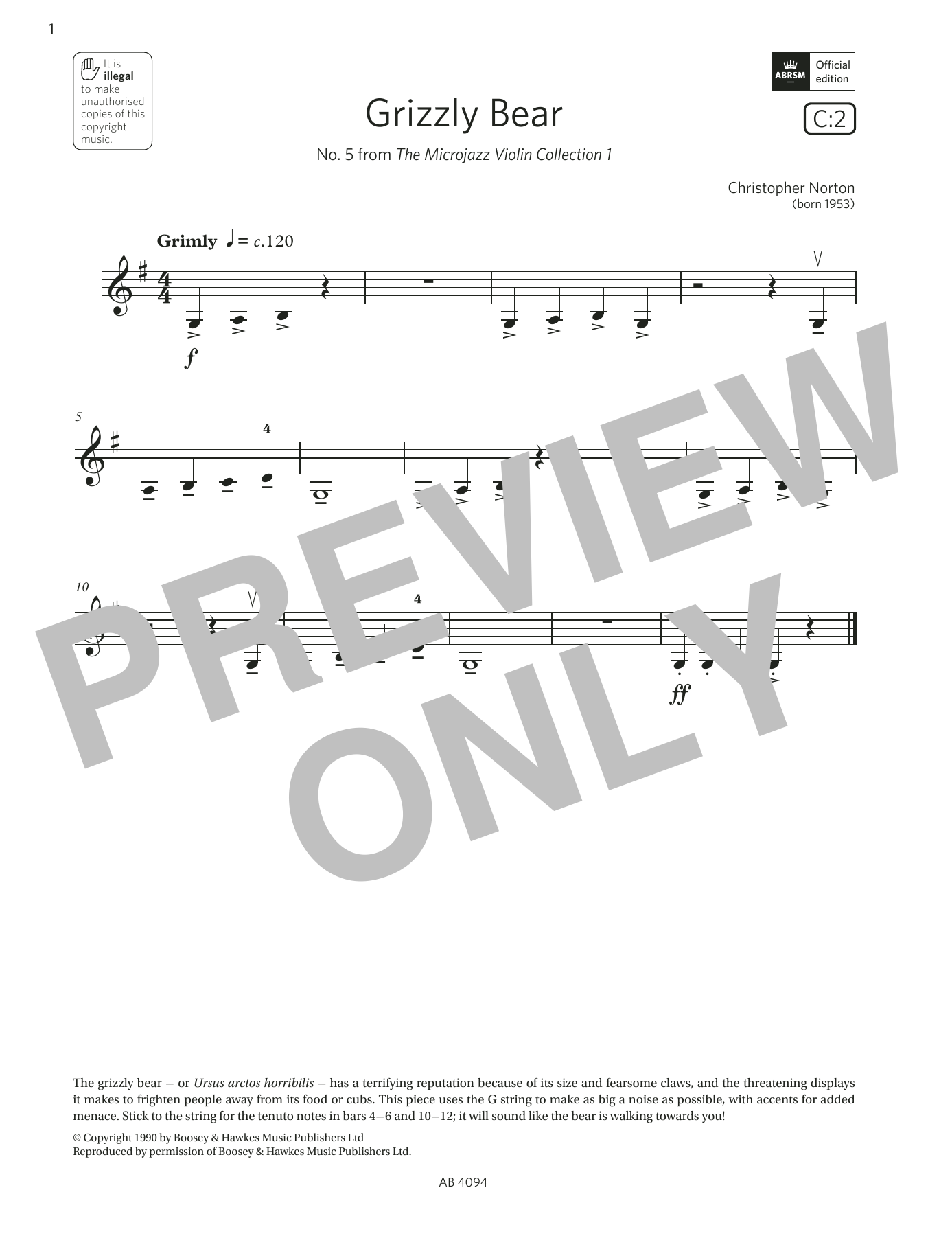 Produktbild zu:  Grizzly Bear (Grade Initial, C2, from the ABRSM Violin Syllabus from 2024) - Christopher Norton