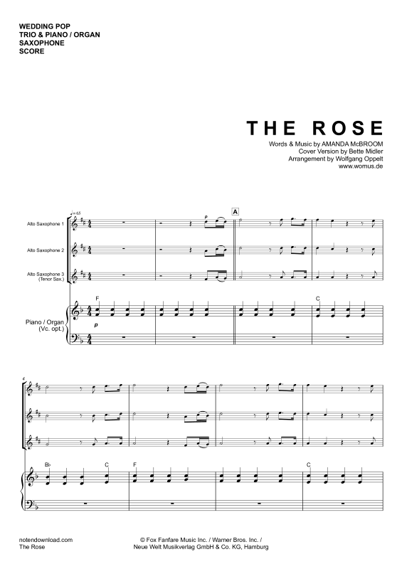 Product gallery: Page 1 of 11 The Rose, Midler, Bette, Trio For 3 Saxophones (A, A, A) and Piano Or Organ, With Optional Cello - Single Version