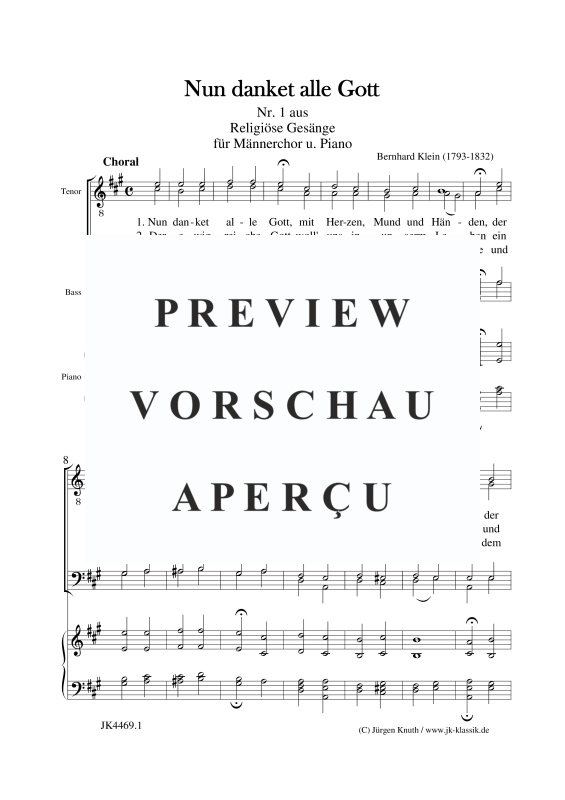 Produktbild zu: Nun danket alle Gott (Nr.1 aus Religiöse Gesänge für Männerchor u. Piano)Bernhard Klein