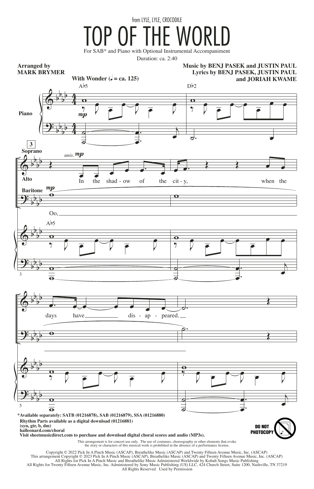 Produktbild zu: Top Of The World (from Lyle, Lyle, Crocodile) (arr. Mark Brymer)