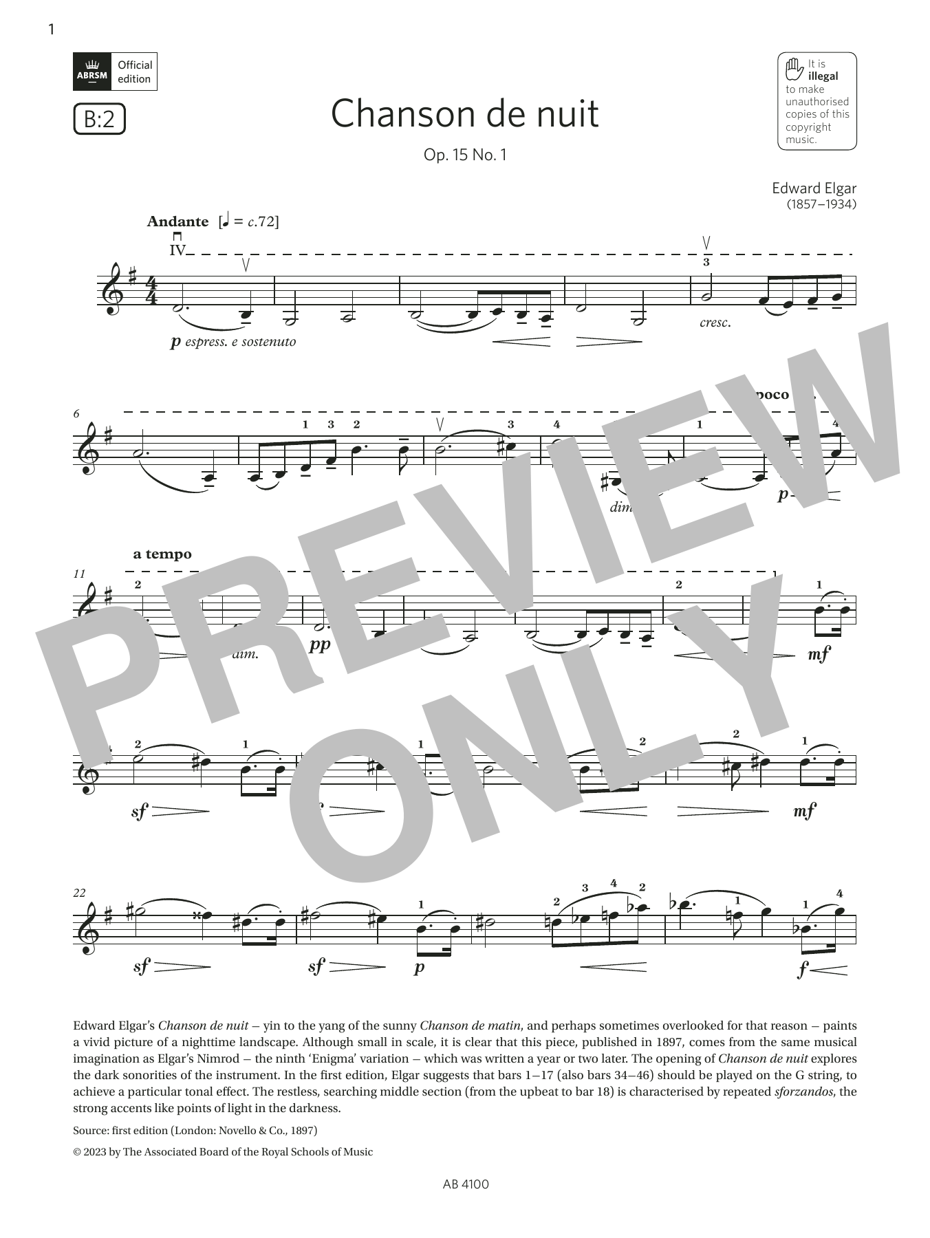 Product gallery: Page 1 of 1 Chanson de nuit (Grade 6, B2, from the ABRSM Violin Syllabus from 2024), Edward Elgar