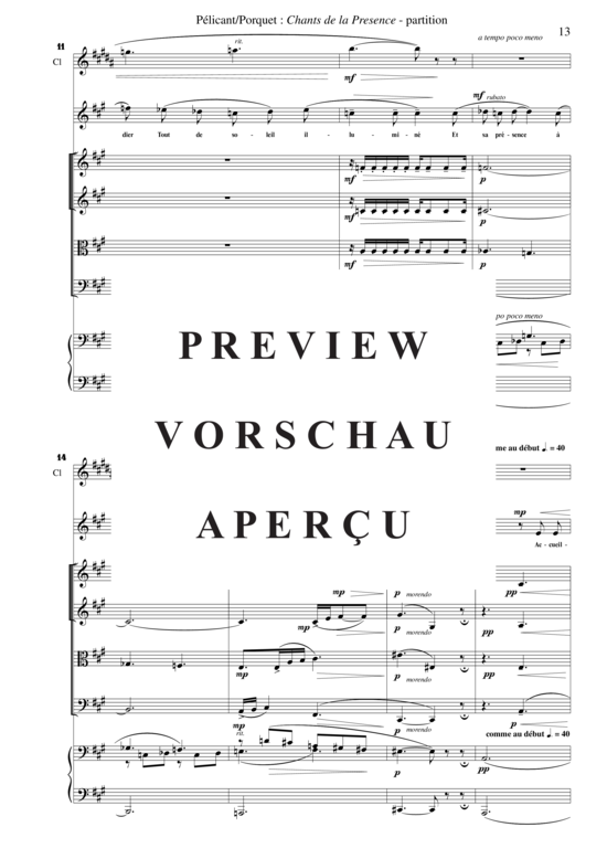 Product gallery: Page 16 of 21 Chants de la Présence , , (Mixed ensemble for soprano, clarinet in Bb + string quartet, piano)