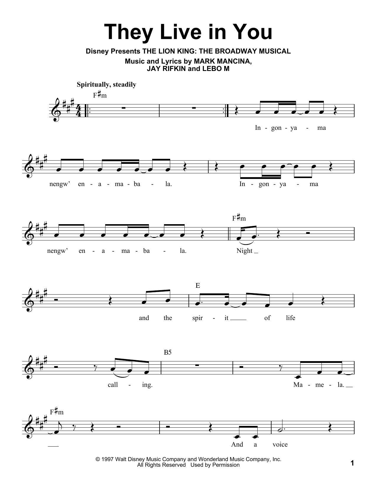Produktbild zu: They Live In You (from The Lion King: Broadway Musical)