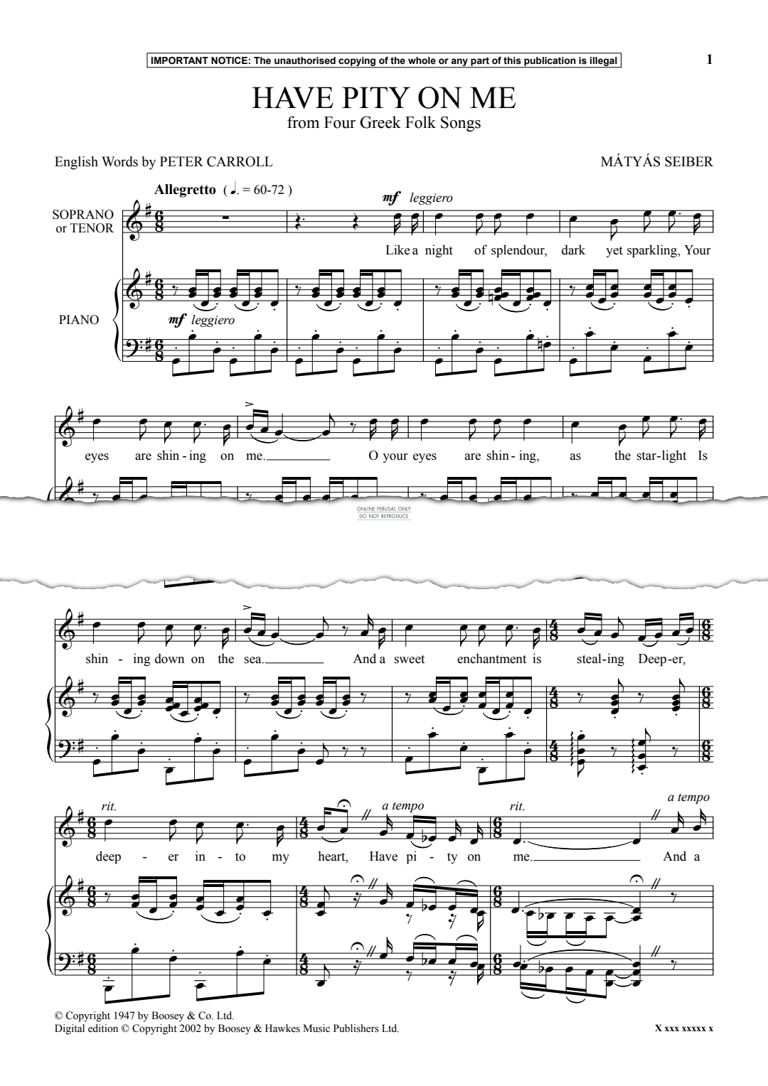 Produktgalerie: Seite 1 von 1 Have Pity On Me from 'Four Greek Folk Songs', Mátyás Seiber, Gesang, Klavier