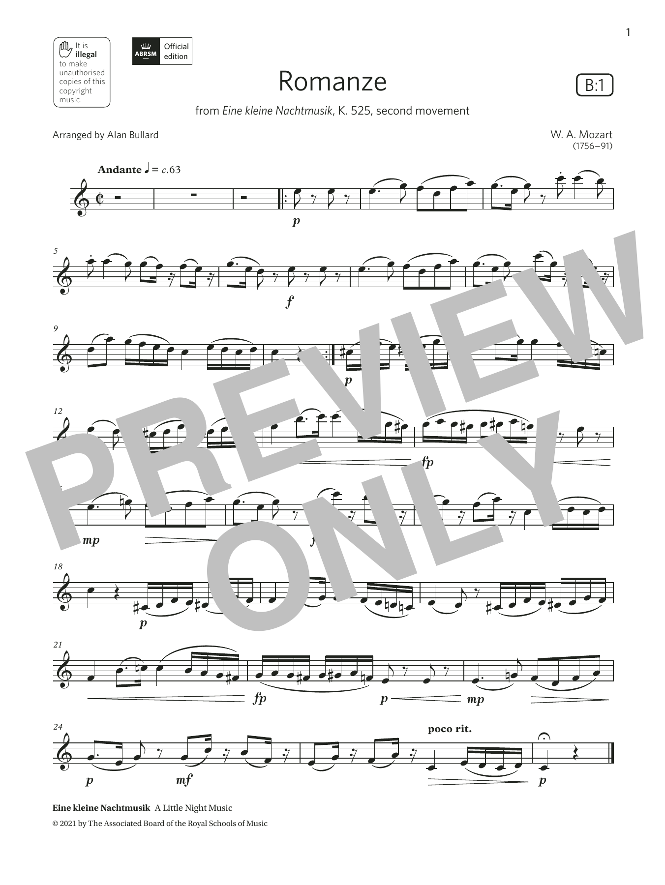 Product gallery: Page 1 of 1 Romanze (from Eine kleine Nachtmusik)  (Grade 4 List B1 from the ABRSM Clarinet syllabus from 2022), Wolfgang Amadeus Mozart