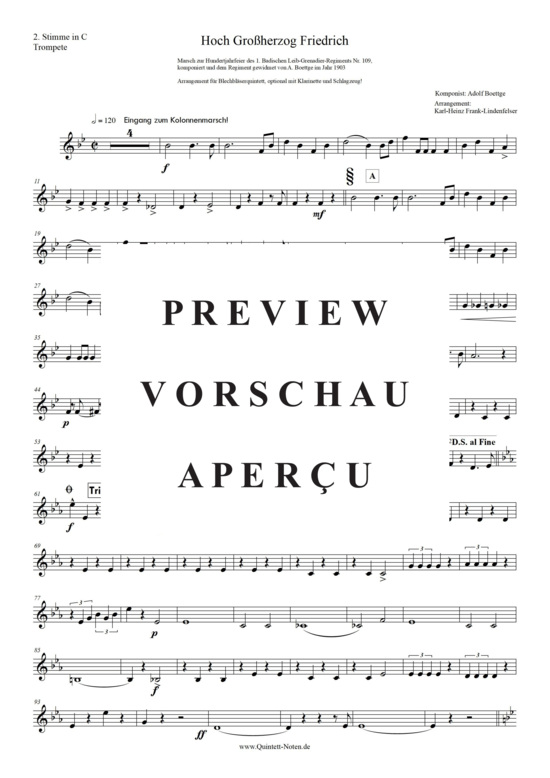 Produktgalerie: Seite 12 von 21 Hoch! Großherzog Friedrich , Blasorchester Fatamo, (Blechbläser Quintett - flexible Besetzung + Schlagzeug)