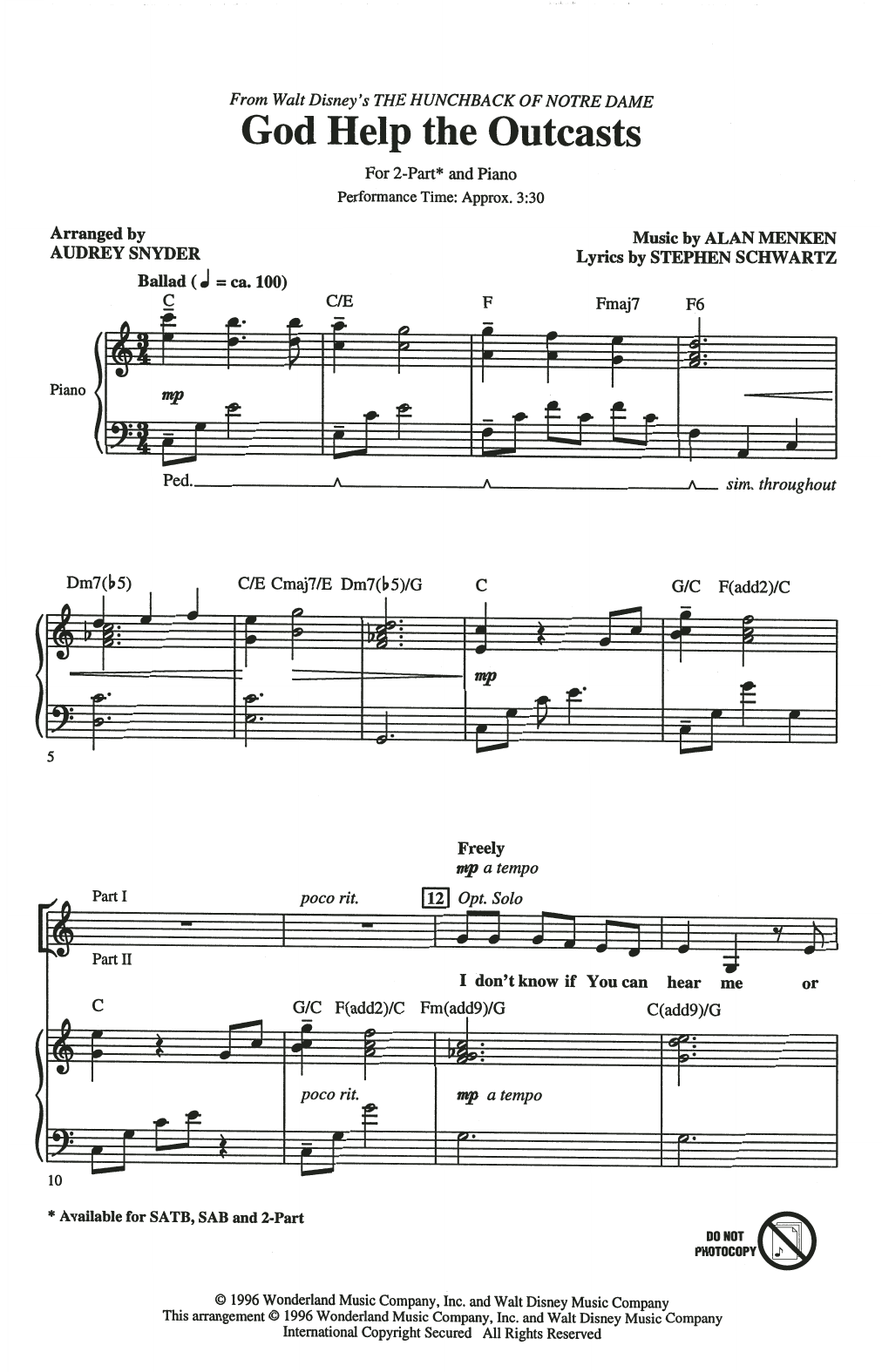 Product picture to: God Help The Outcasts (from The Hunchback Of Notre Dame) (arr. Audrey Snyder)