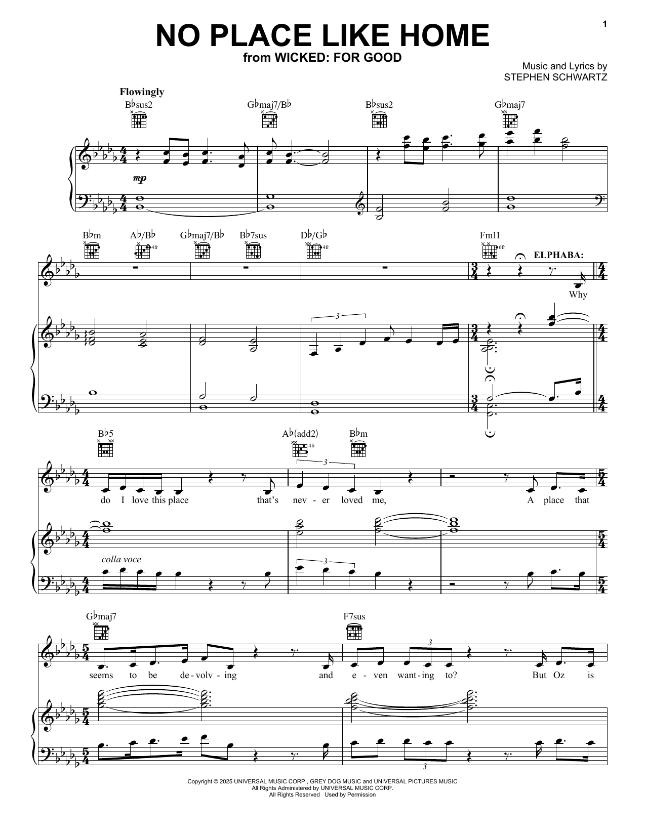 Produktgalerie: Seite 1 von 1 No Place Like Home (from Wicked: For Good), Cynthia Erivo, Gesang, Gitarre, Klavier