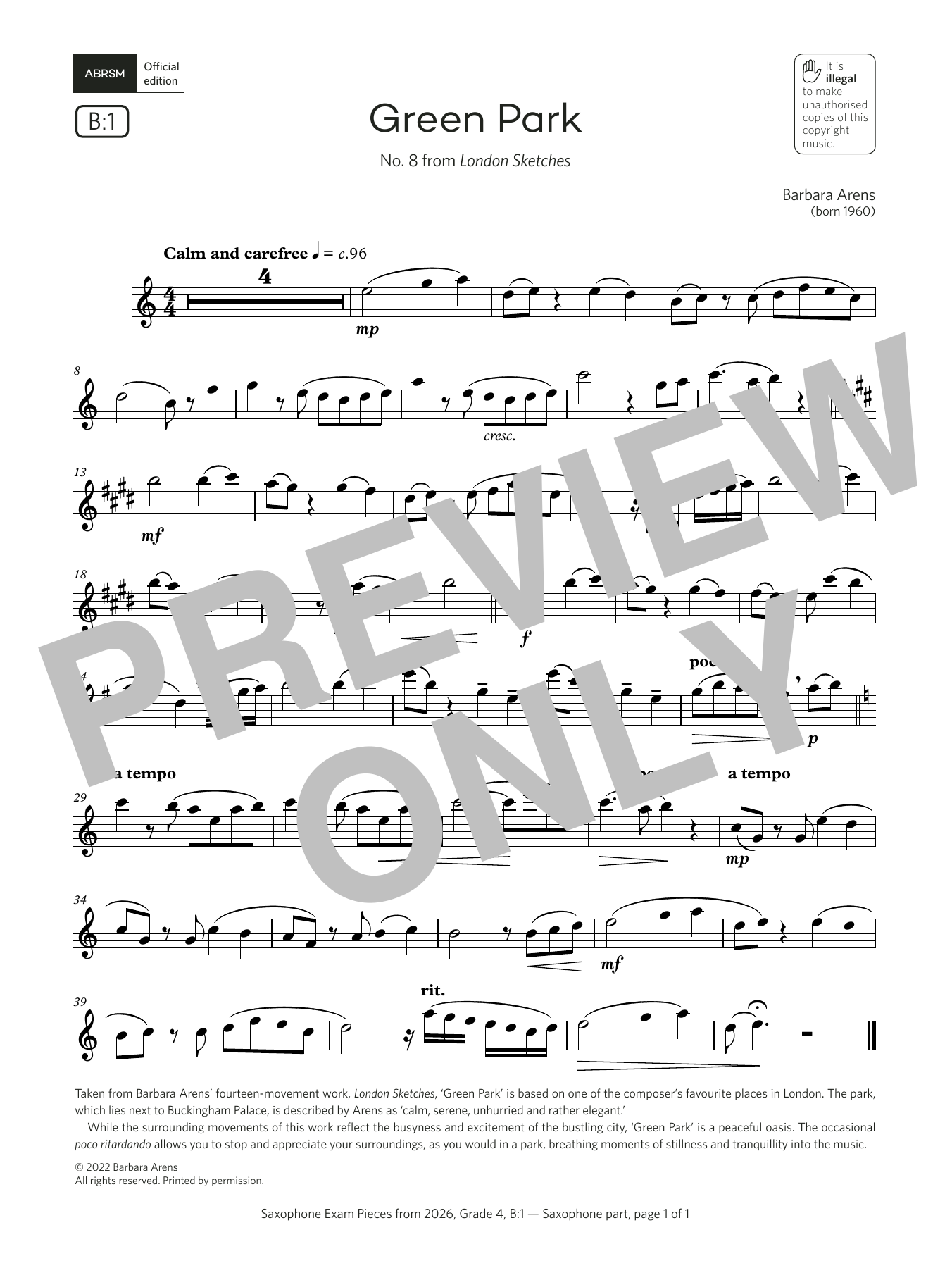 Product gallery: Page 1 of 1 Green Park (Grade 4, list B1, from the ABRSM Saxophone Syllabus from 2026), Barbara Arens