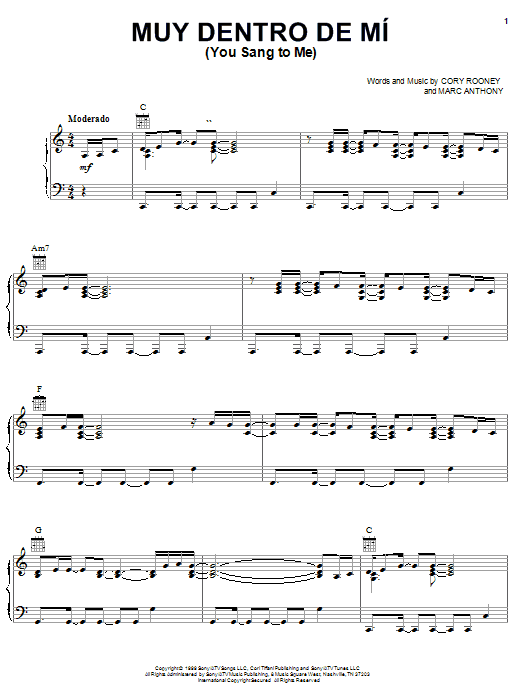 Produktgalerie: Seite 1 von 1 Muy Dentro De Mi (You Sang To Me), Marc Anthony, Gesang, Gitarre, Klavier
