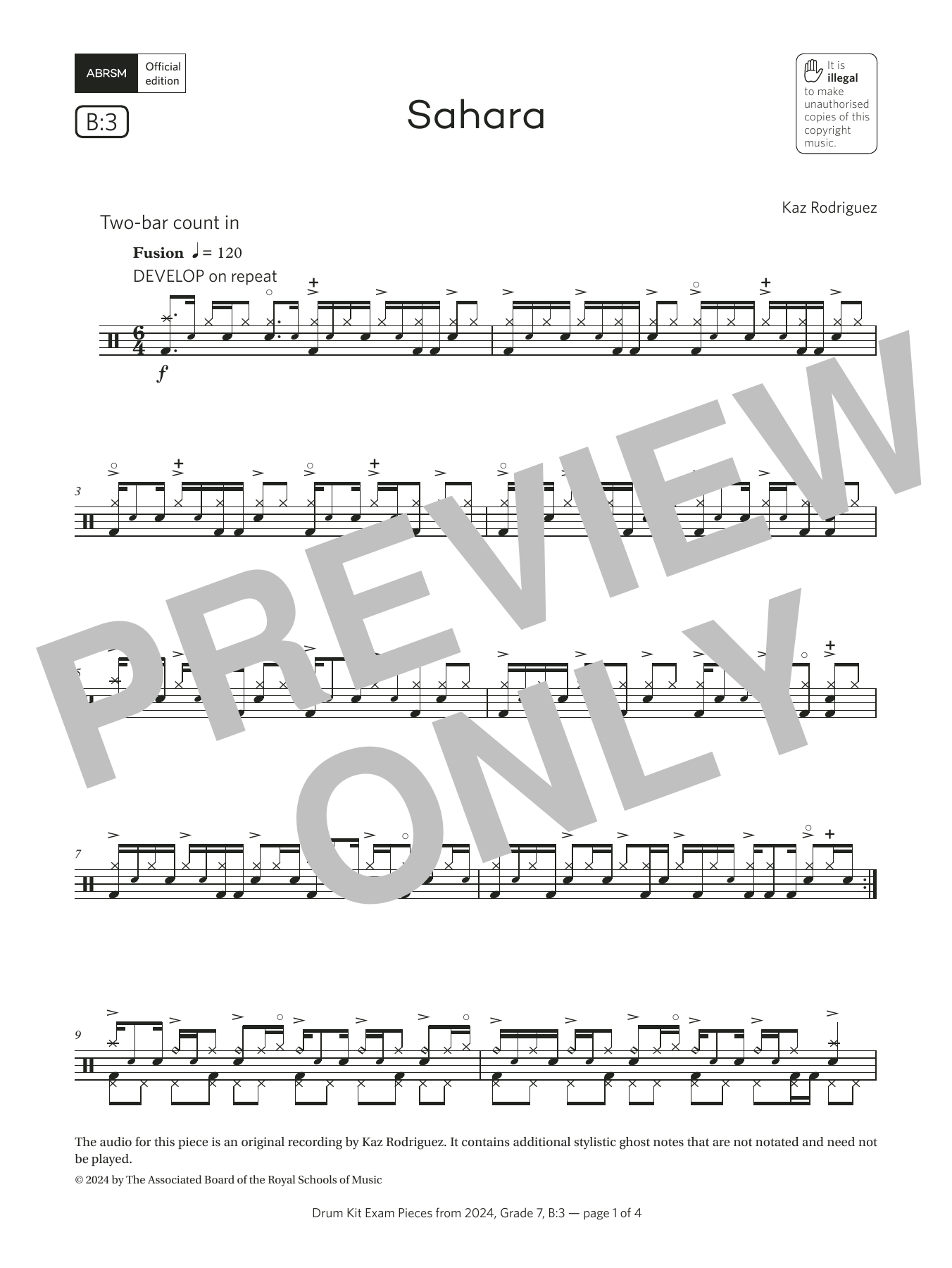 Product gallery: Page 1 of 1 Sahara (Grade 7, list B3, from the ABRSM Drum Kit Syllabus 2024), Kaz Rodriguez