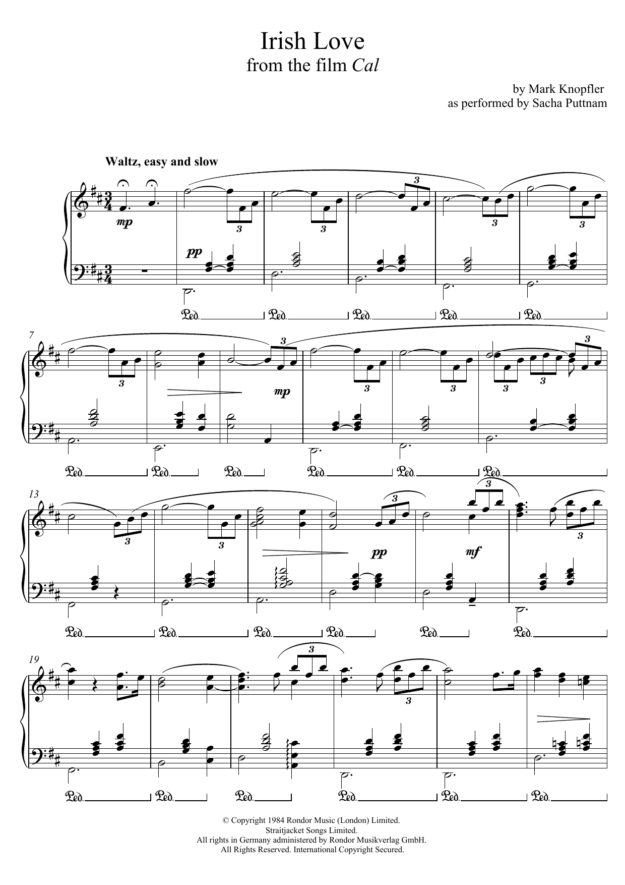Produktgalerie: Seite 1 von 1 Irish Love (from Cal) (as performed by Sacha Puttnam), Mark Knopfler, Klavier