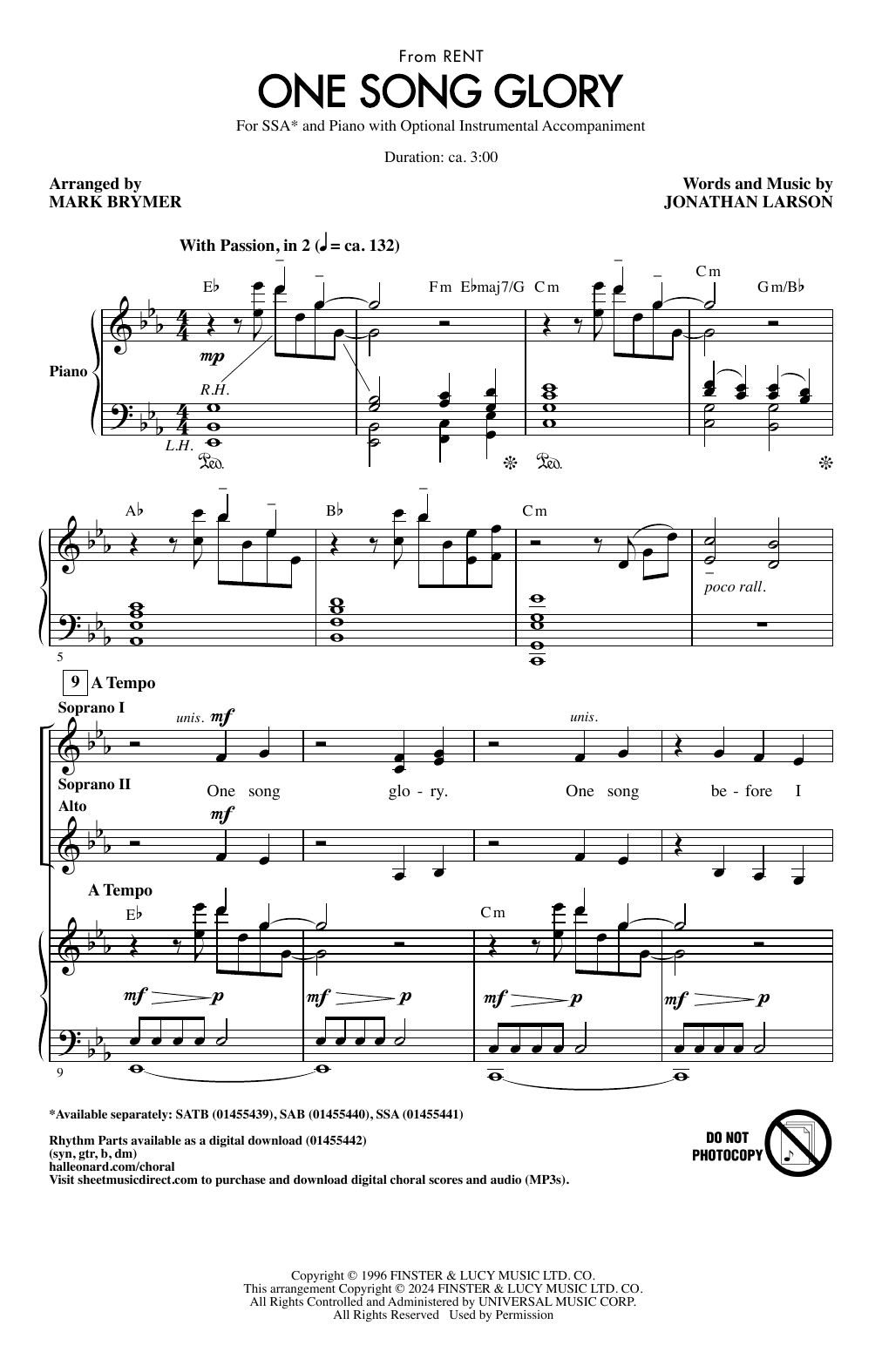 Produktgalerie: Seite 1 von 1 One Song Glory (from Rent) (arr. Mark Brymer), Jonathan Larson, Chor