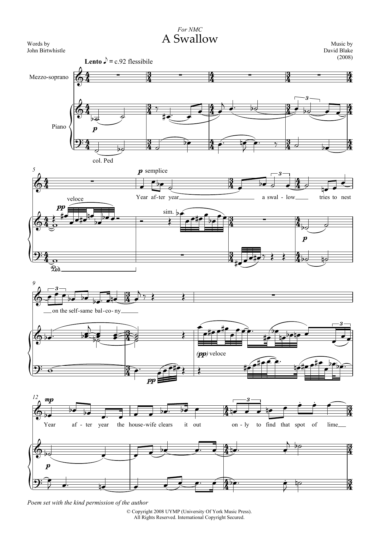 Produktbild zu: A Swallow (for mezzo-soprano and piano)