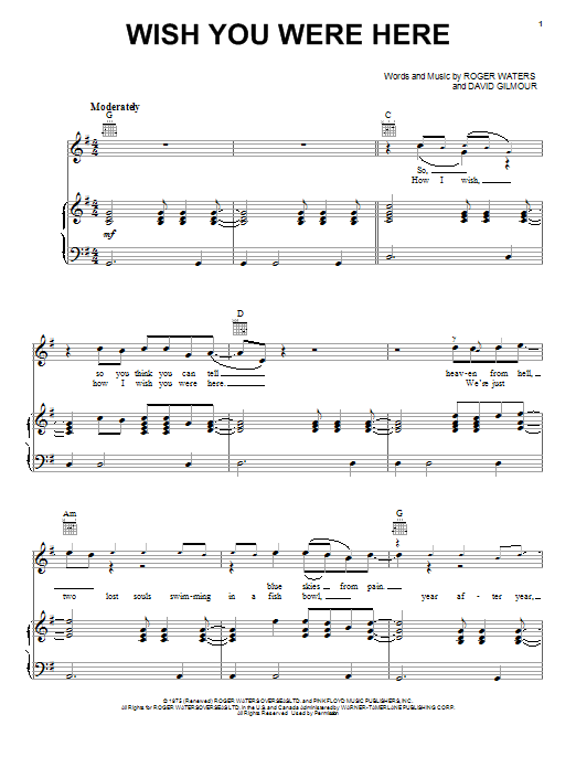 Produktgalerie: Seite 1 von 1 Wish You Were Here, Pink Floyd, Gesang, Gitarre, Klavier