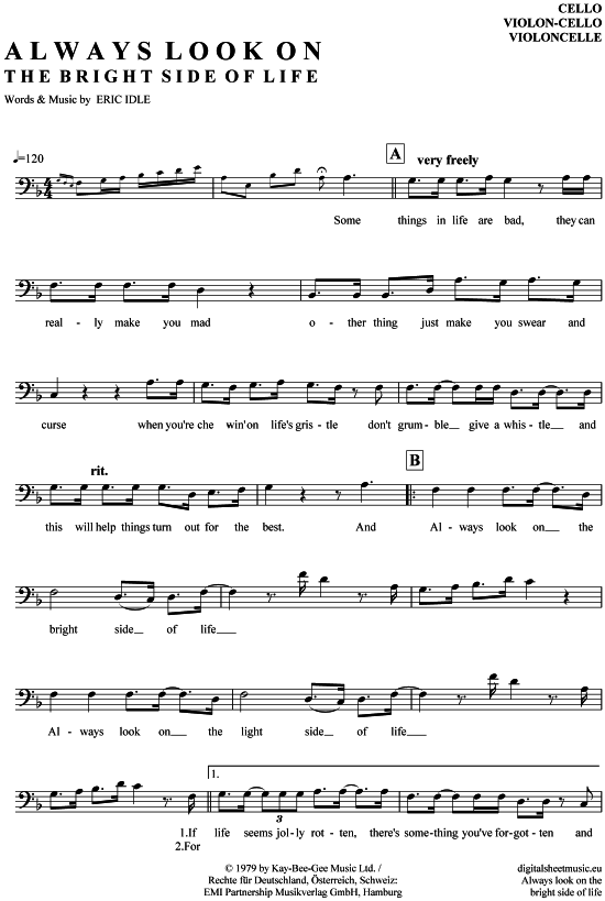 Produktgalerie: Seite 1 von 4 Always look on the bright side of life , Monty Python, (Violon-Cello)