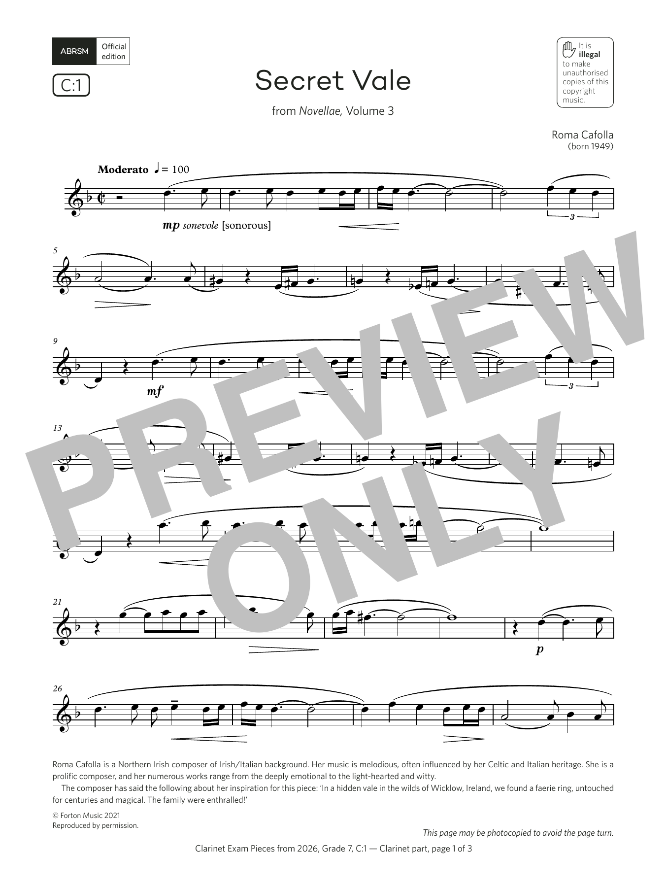 Product gallery: Page 1 of 1 Secret Vale (Grade 7, list C1, from the ABRSM Clarinet Syllabus from 2026), Roma Cafolla