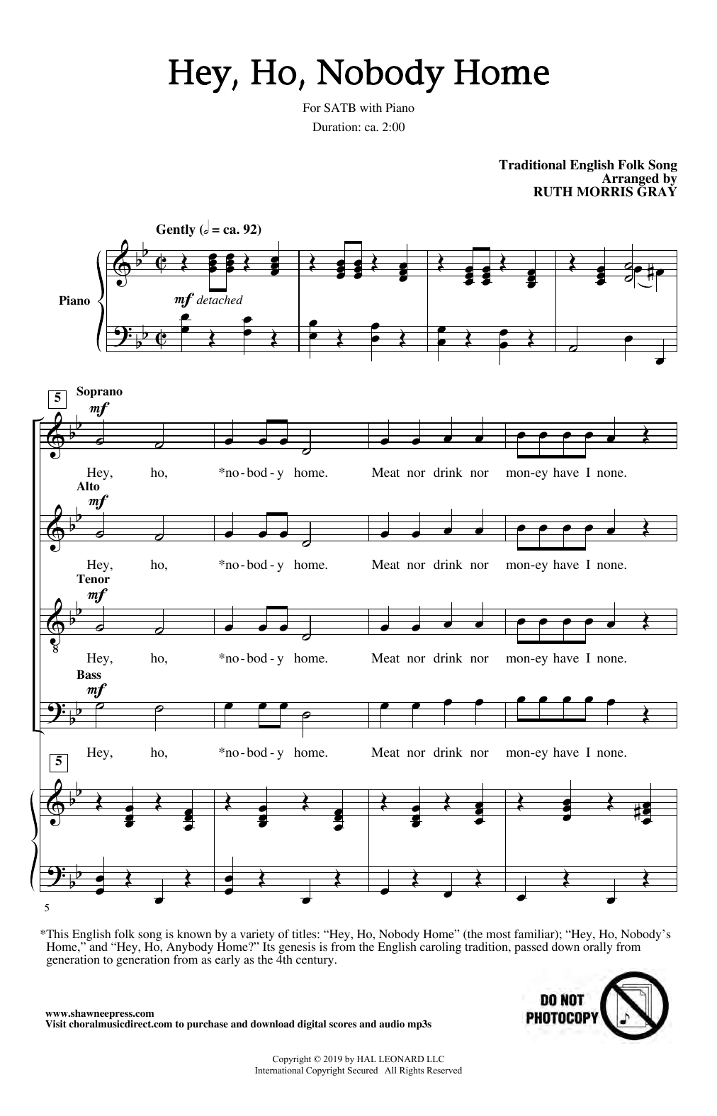 Product picture to: Hey Ho, Nobody Home (arr. Ruth Morris Gray)