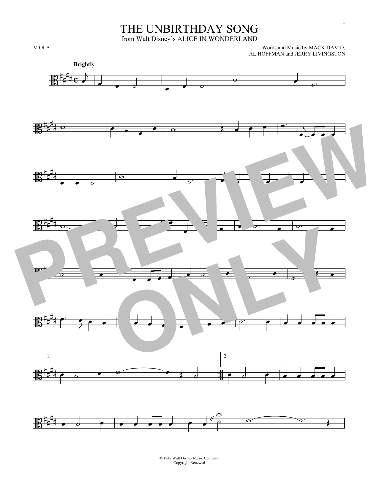 Product gallery: Page 1 of 1 The Unbirthday Song (from Alice In Wonderland), Mack David, Al Hoffman and Jerry Livingston