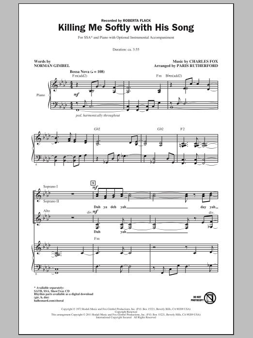 Product gallery: Page 1 of 1 Killing Me Softly With His Song (arr. Paris Rutherford), Roberta Flack