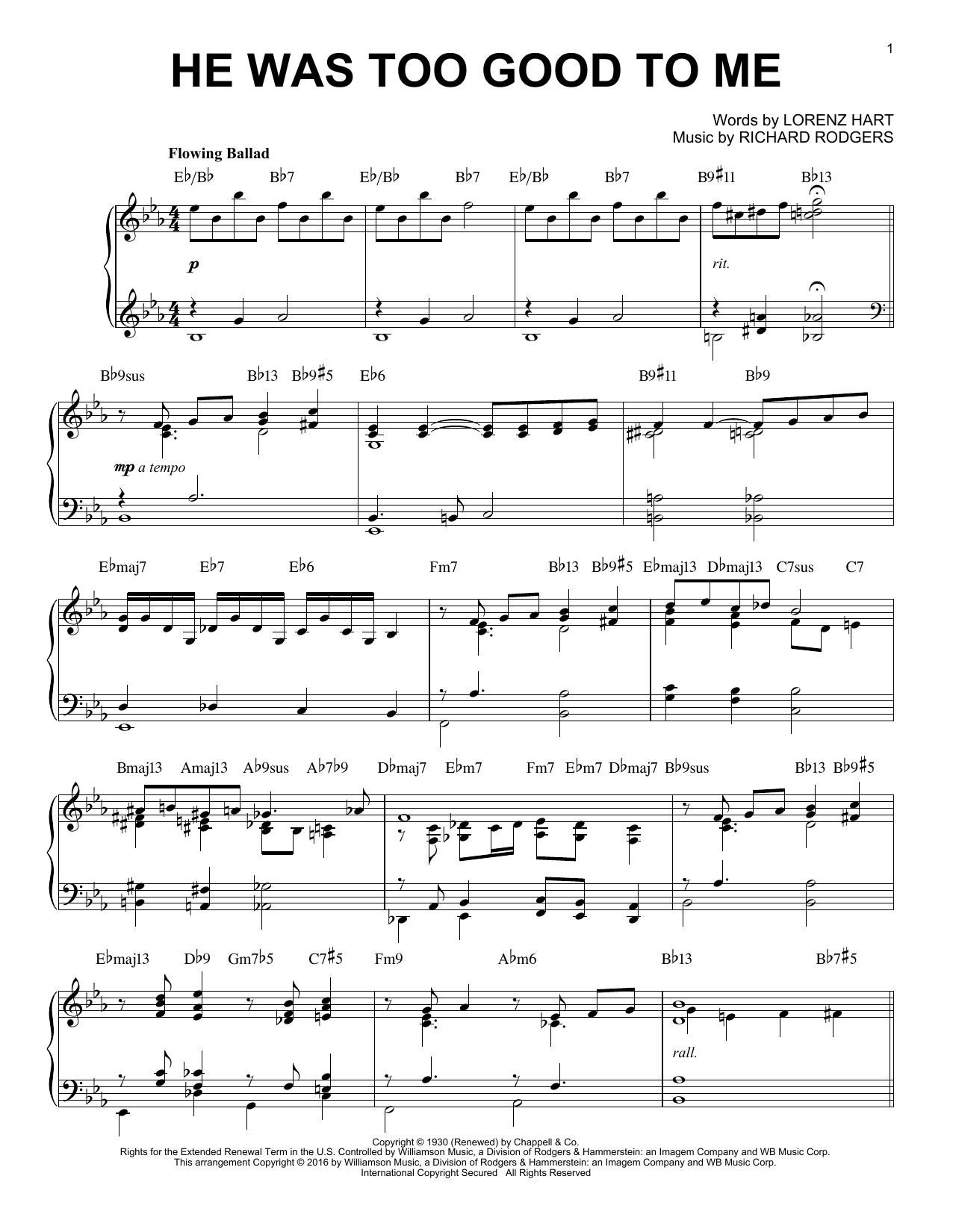 Product gallery: Page 1 of 1 He Was Too Good To Me [Jazz version] (arr. Brent Edstrom), Rodgers & Hart