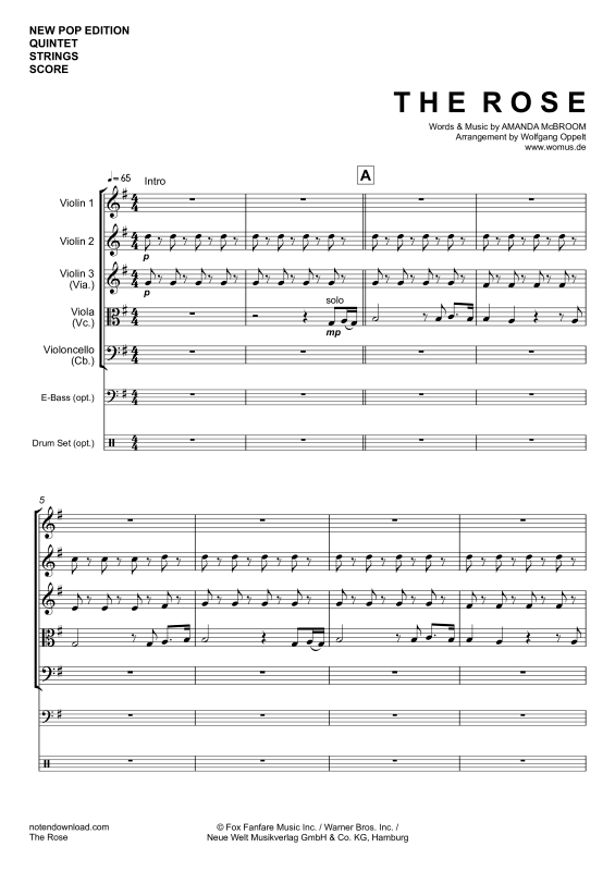 Produktgalerie: Seite 1 von 11 The Rose, Midler, Bette, Streicher Quintett/Ensemble/Band/Chor E-Bass & Drum Set opt.