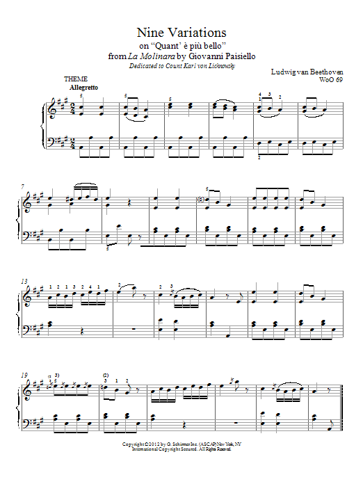Product gallery: Page 1 of 1 Nine Variations On "Quant' E Piu Bello" (arr. Immanuela Gruenberg), Ludwig Van Beethoven