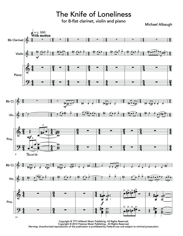 Produktgalerie: Seite 1 von 11 Knife of Loneliness, The, , (Trio Klarinette, Violine und Klavier)