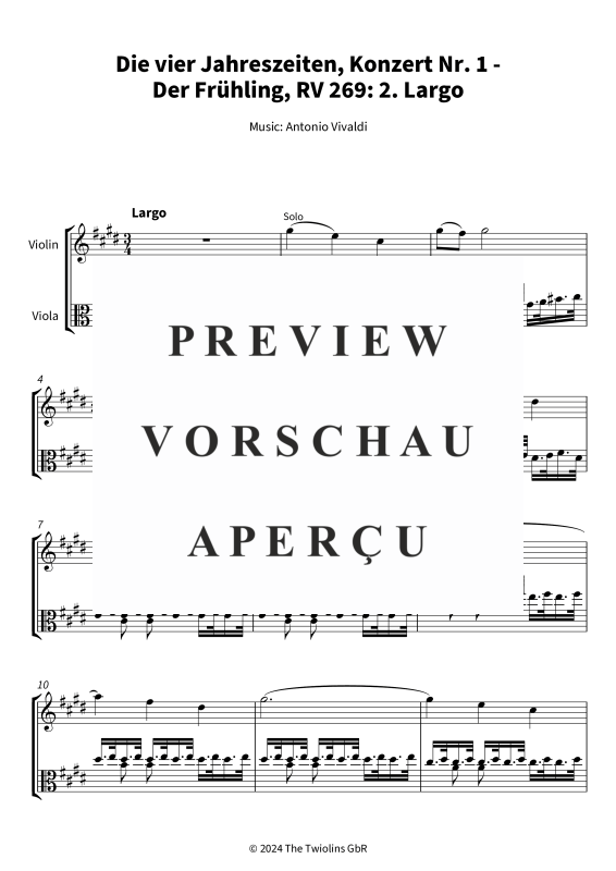Produktgalerie: Seite 4 von 6 Die vier Jahreszeiten, Konzert Nr. 1 - Der Frühling - 2. Largo, The Twiolins, (Duett Violine + Viola)