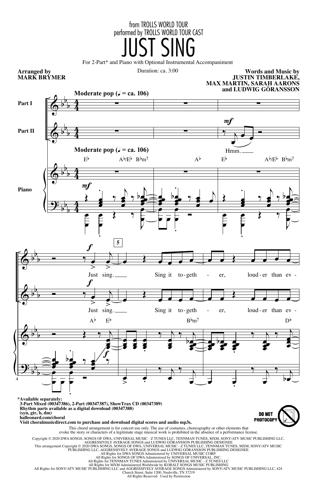 Product picture to: Just Sing (from Trolls World Tour) (arr. Mark Brymer)