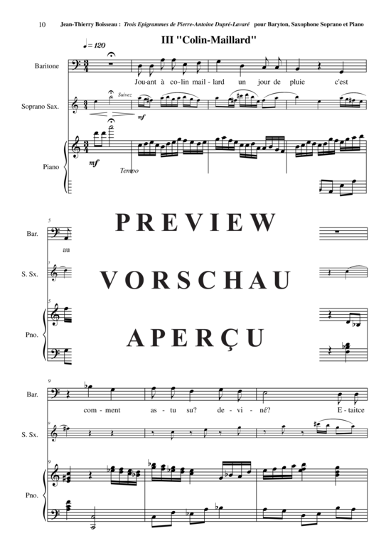 Product gallery: Page 12 of 16 Trois Épigrammes de Pierre-Antoine Dupré-Lavaré , , (baritone voice, soprano saxophone + piano)