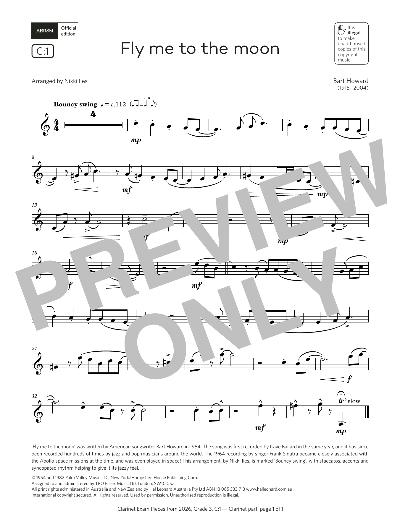 Product gallery: Page 1 of 1 Fly me to the moon (Grade 3, list C1, from the ABRSM Clarinet Syllabus from 2026), Bart Howard