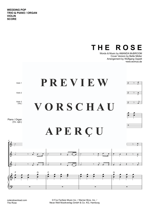 Product gallery: Page 4 of 11 The Rose, Midler, Bette, Trio For 3 Violins V V V/Viola and Piano/Organ, Cello (Optional) - Single Version