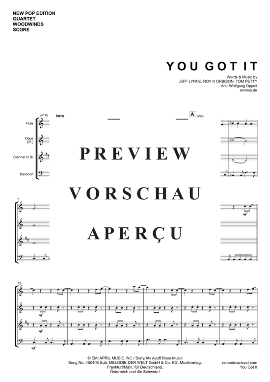 Product gallery: Page 2 of 13 You Got It , Orbison, Roy, (Woodwind Quartet)