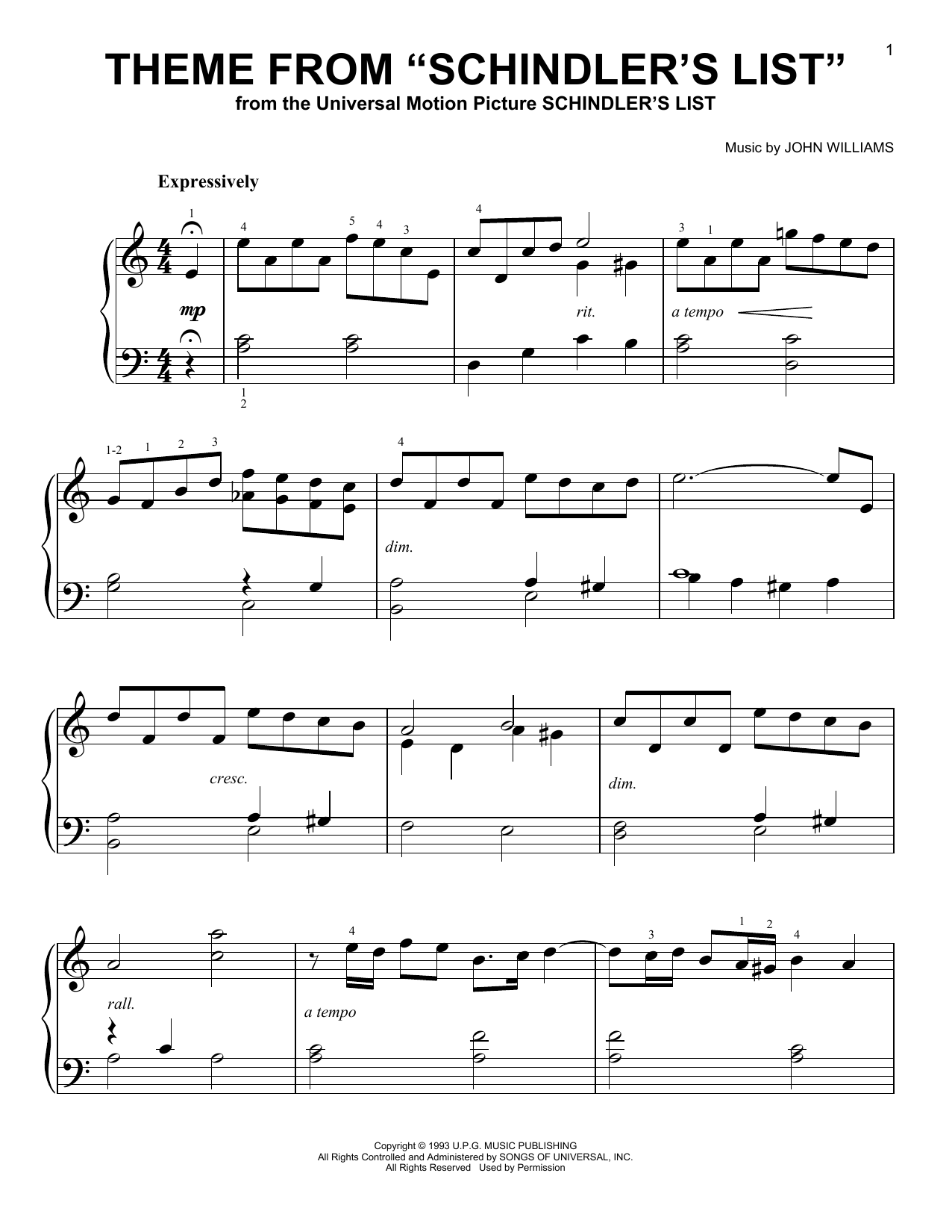 Produktgalerie: Seite 1 von 1 Theme From "Schindler's List", John Williams, Klavier