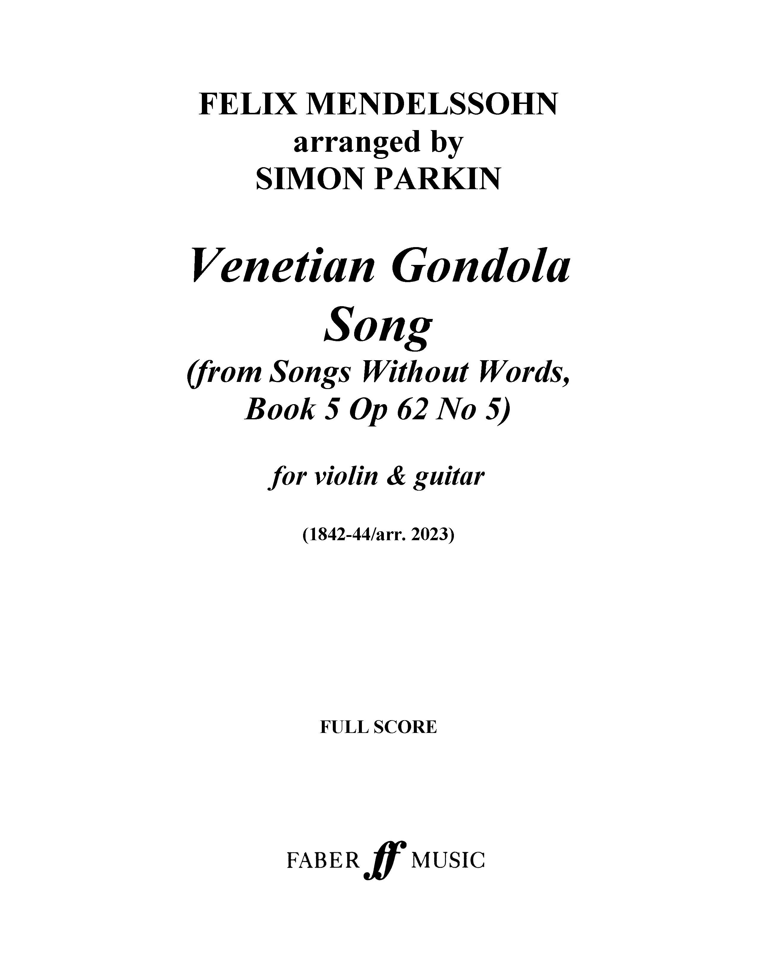 cover: Venetian Gondola Song (from 'Songs Without Words Book 5 Op.62, No.5'), Felix Mendelssohn