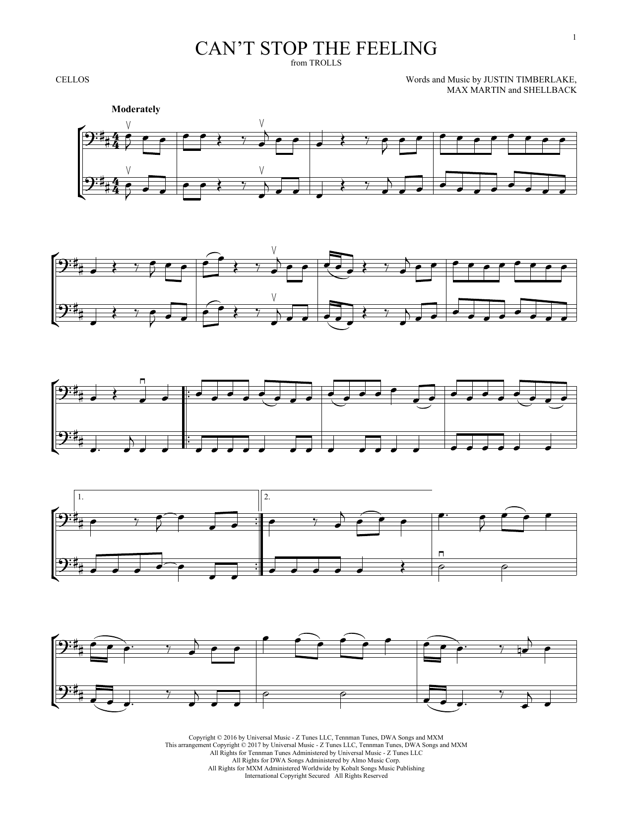 Produktgalerie: Seite 1 von 1 Can't Stop The Feeling, Justin Timberlake, Violoncello