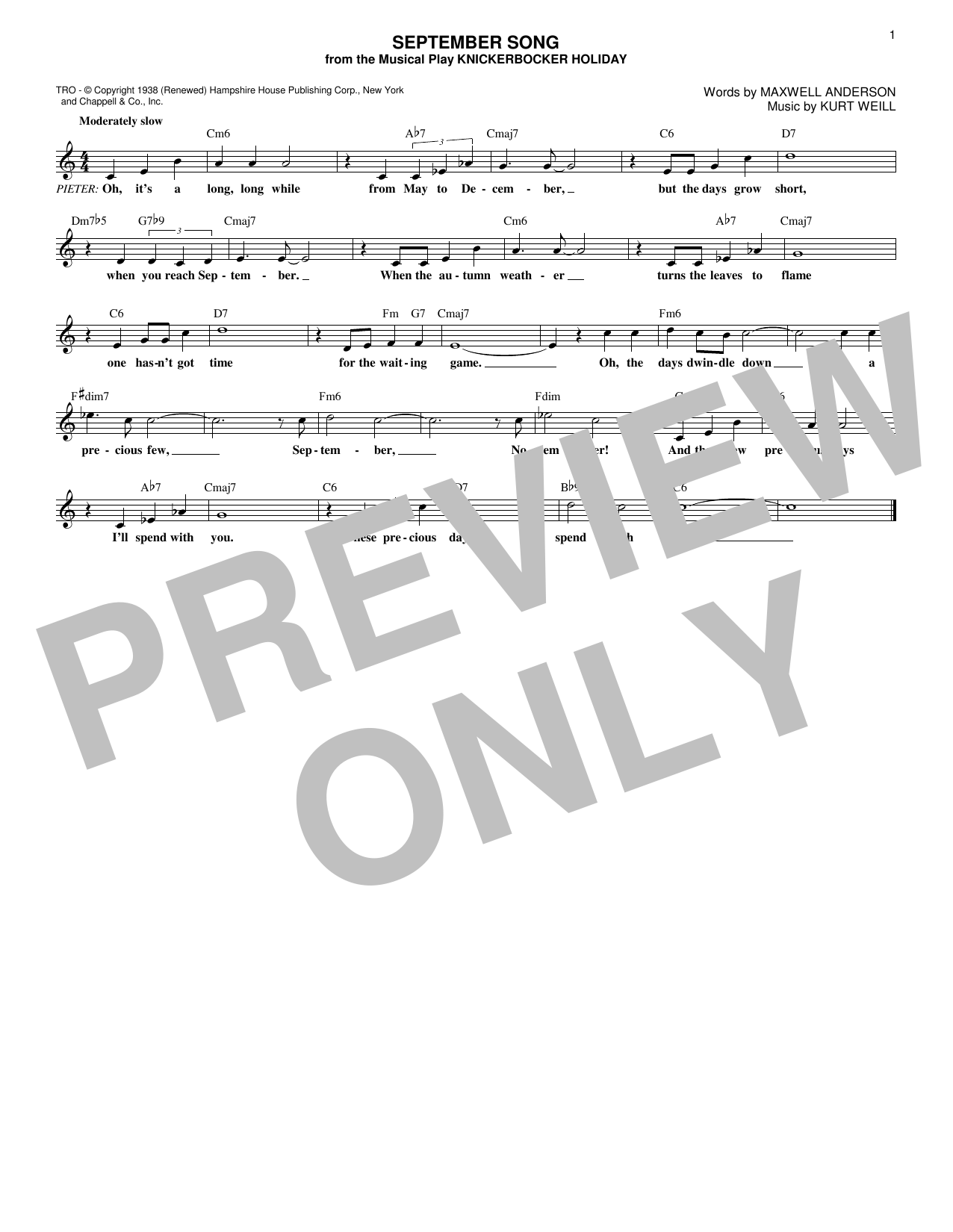 Product picture to: September Song (from Knickerbocker Holiday)