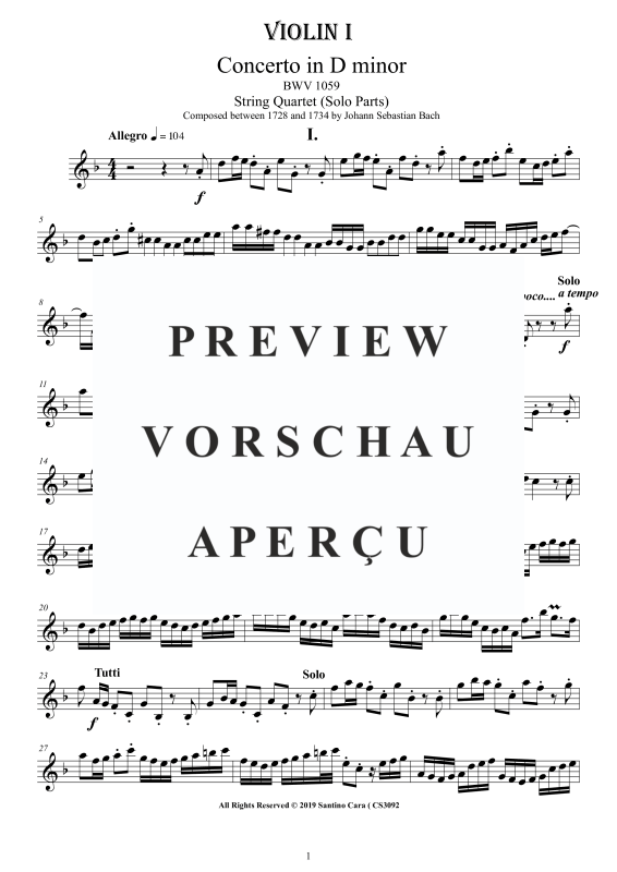 Product gallery: Page 2 of 11 Concerto in D-Moll BWV 1059, , String Quartet - Individual Parts