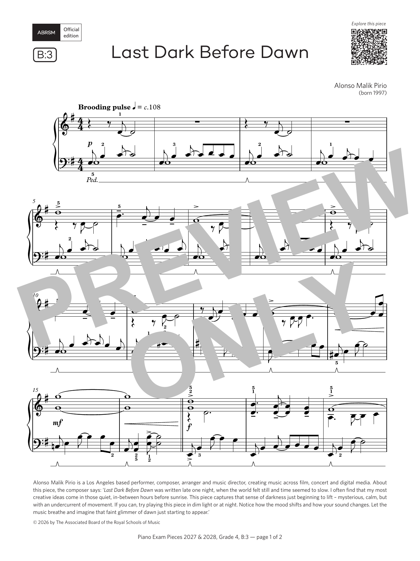 Product gallery: Page 1 of 1 Last Dark Before Dawn (Grade 4, list B3, from the ABRSM Piano Syllabus 2027 & 2028), Alonso Malik Pirio