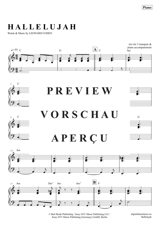 Produktgalerie: Seite 17 von 20 Hallelujah , Cohen, Leonard, (Trompeten Trio + Klavier)
