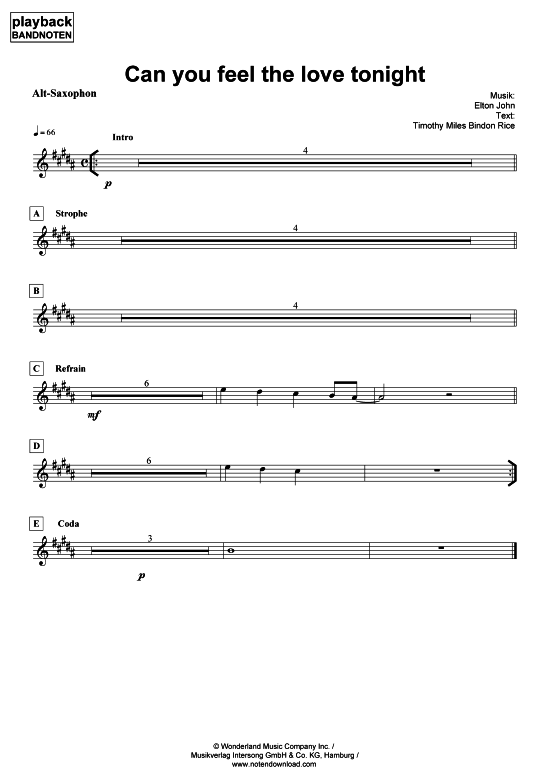 Product picture to: Can you feel the love tonight - Alt-SaxElton John