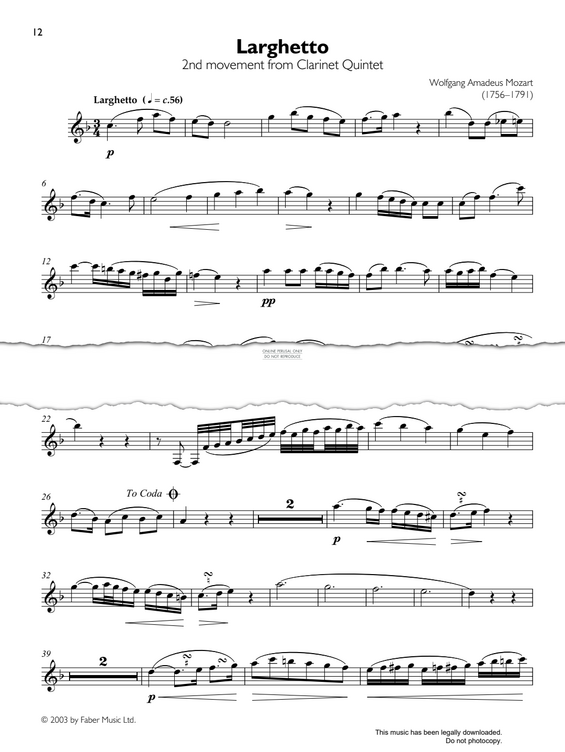 Product gallery: Page 1 of 1 Larghetto (from 'Clarinet Quintet'), Wolfgang Amadeus Mozart