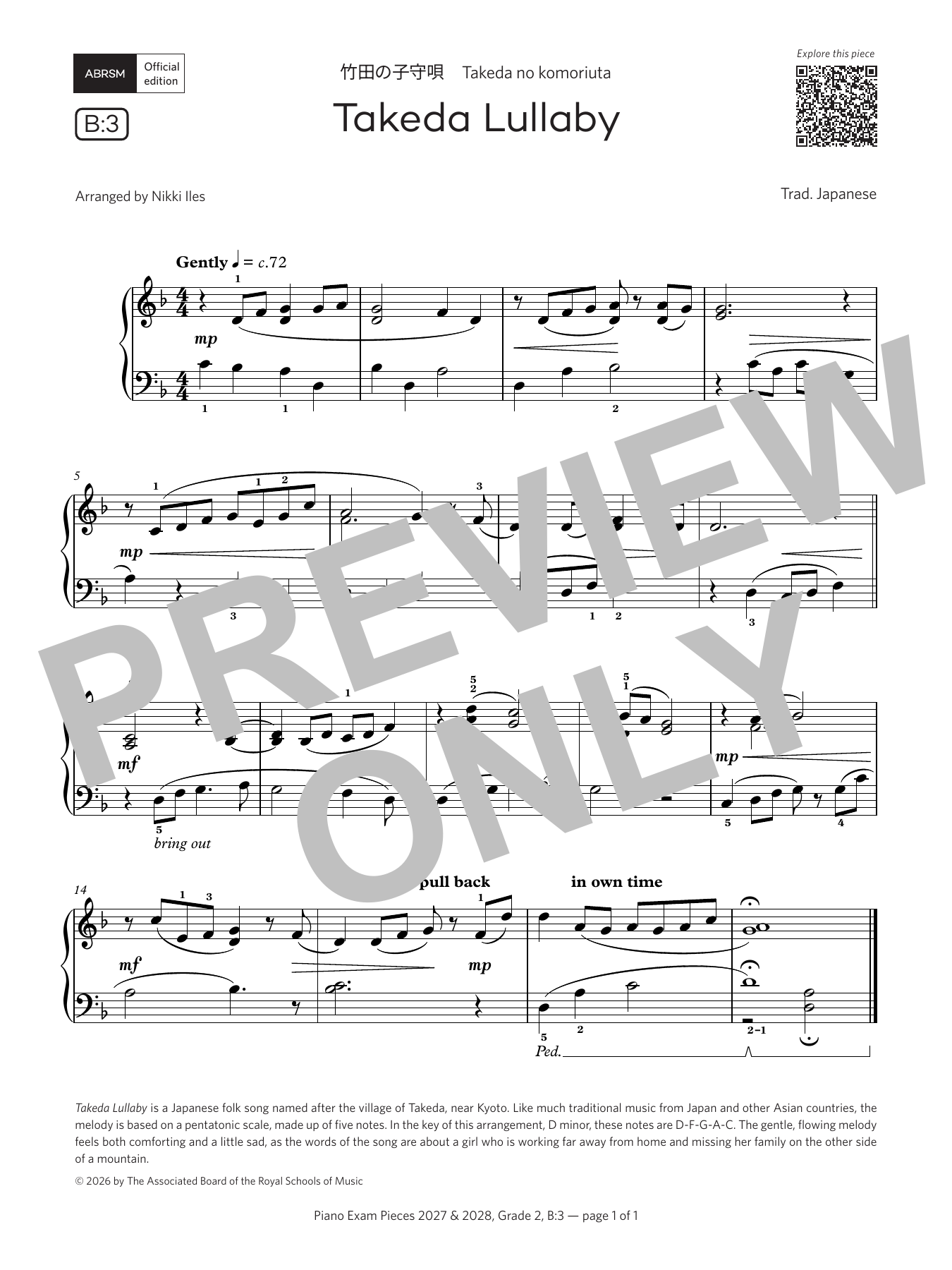 Product gallery: Page 1 of 1 Takeda Lullaby (Grade 2, list B3, from the ABRSM Piano Syllabus 2027 & 2028), Trad. Japanese