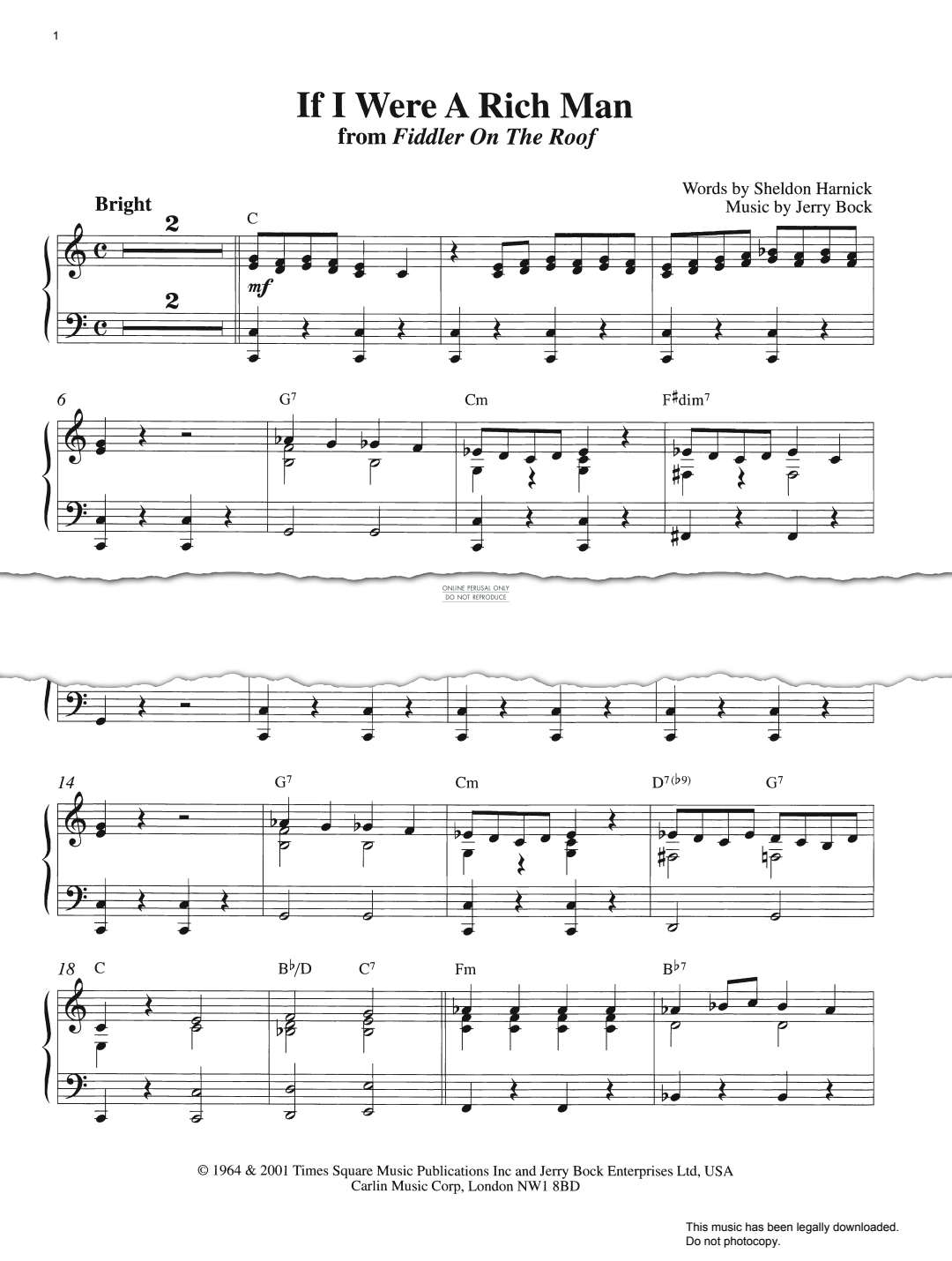 gallery: If I Were A Rich Man (from 'Fiddler On The Roof'), Jerry Bock, Klavier